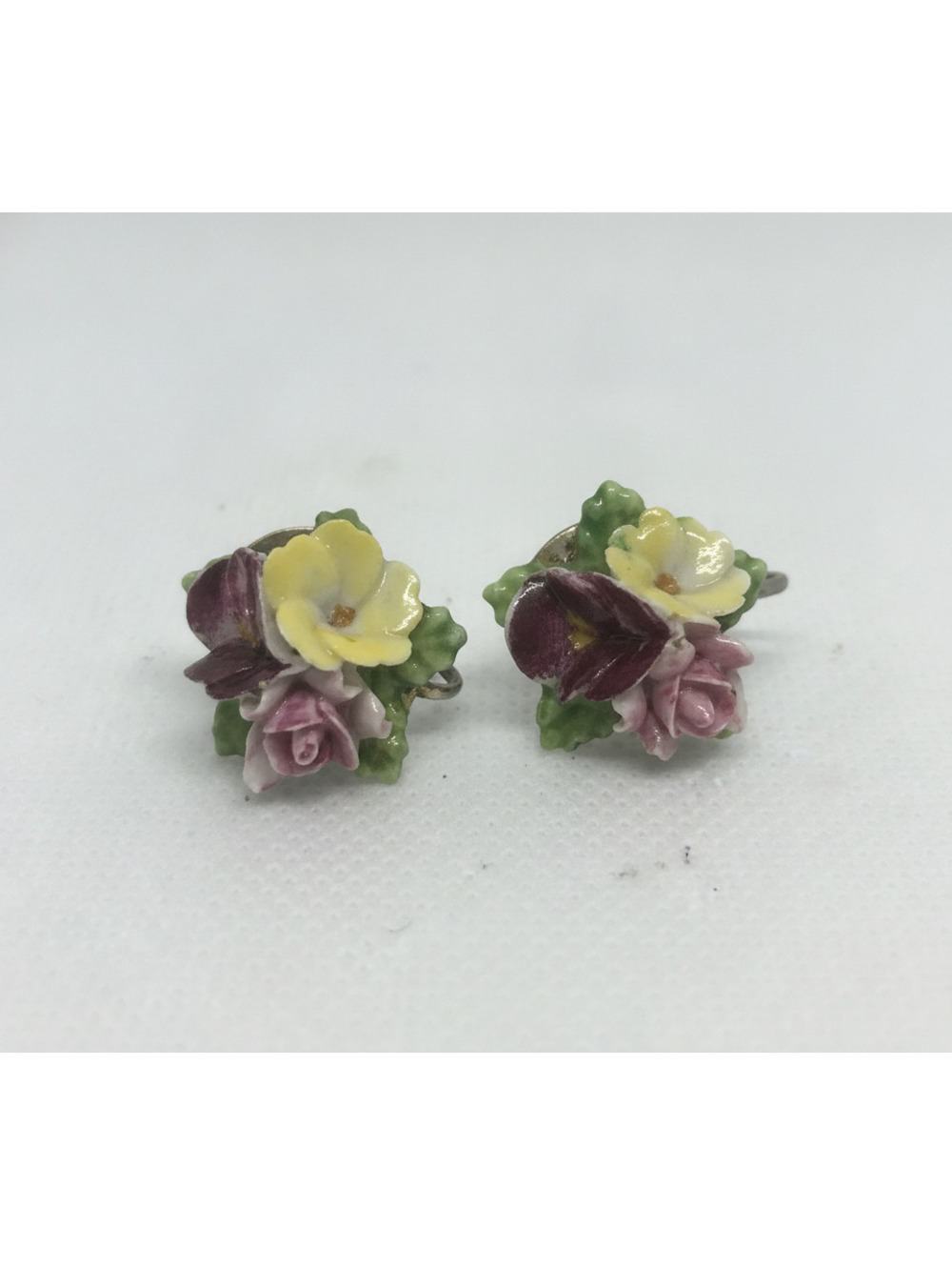 Vintage Capodimonte Porcelain Floral Screw Back Earrings